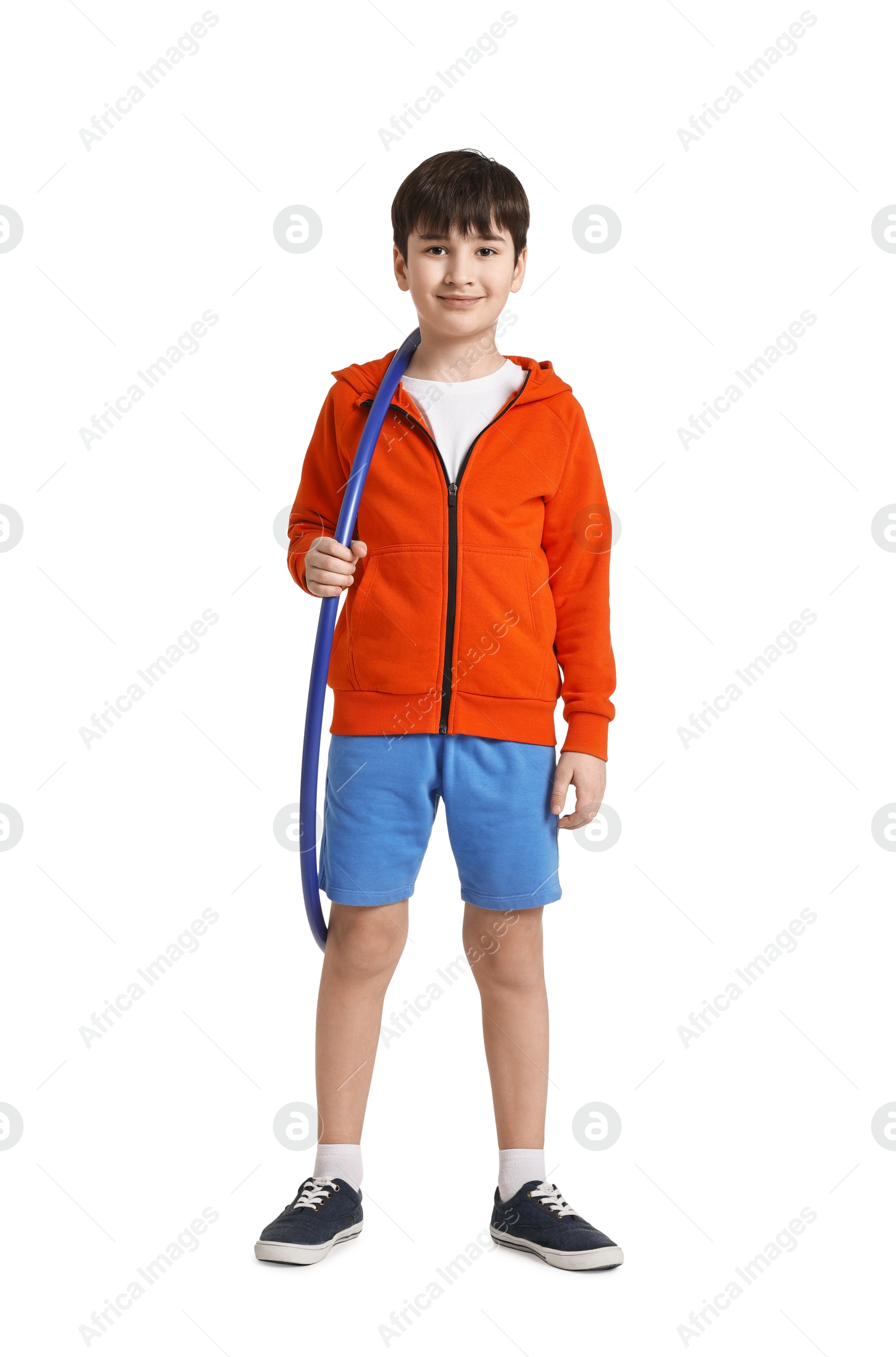 Photo of Boy with hula hoop on white background