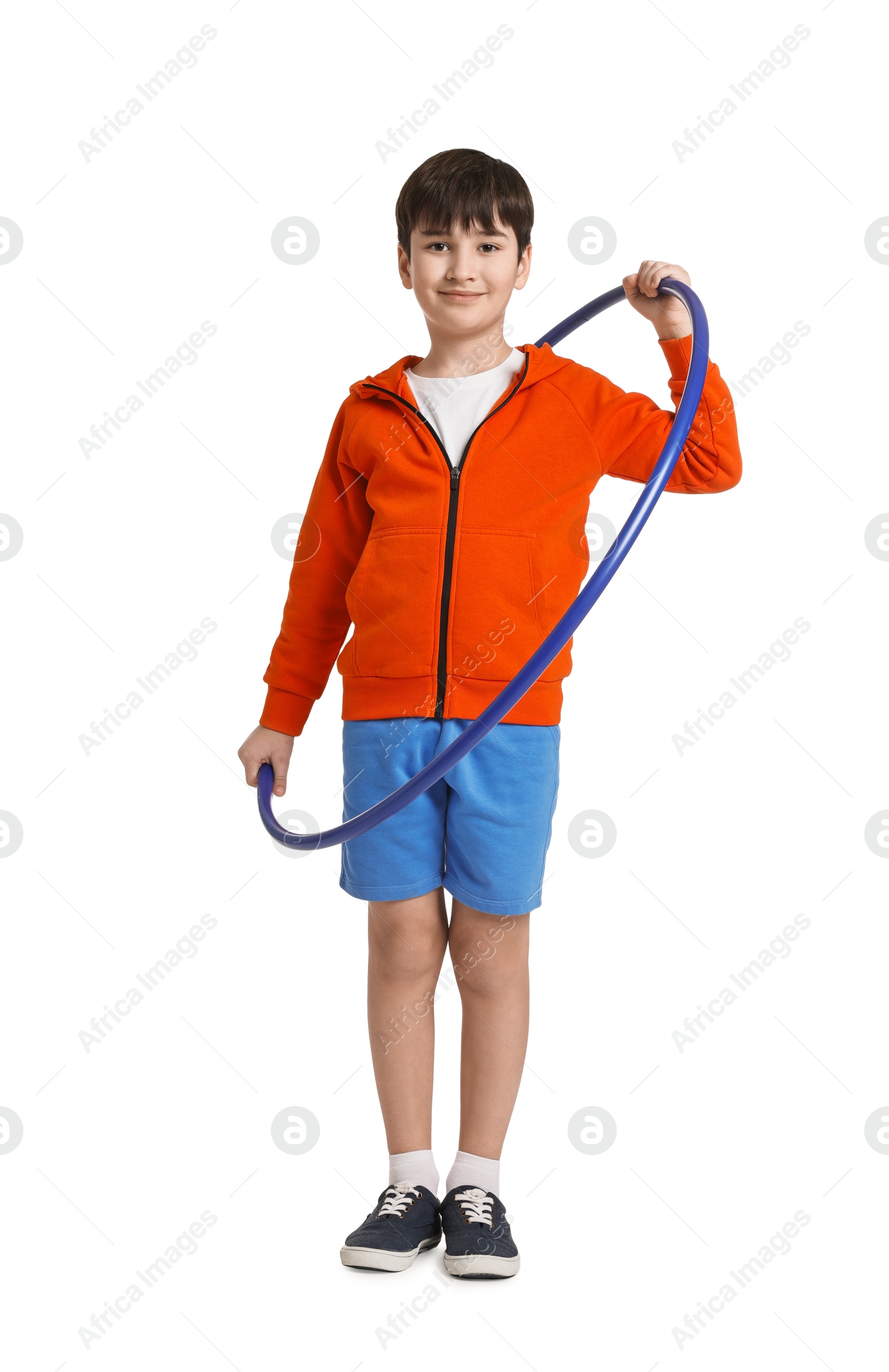 Photo of Boy with hula hoop on white background