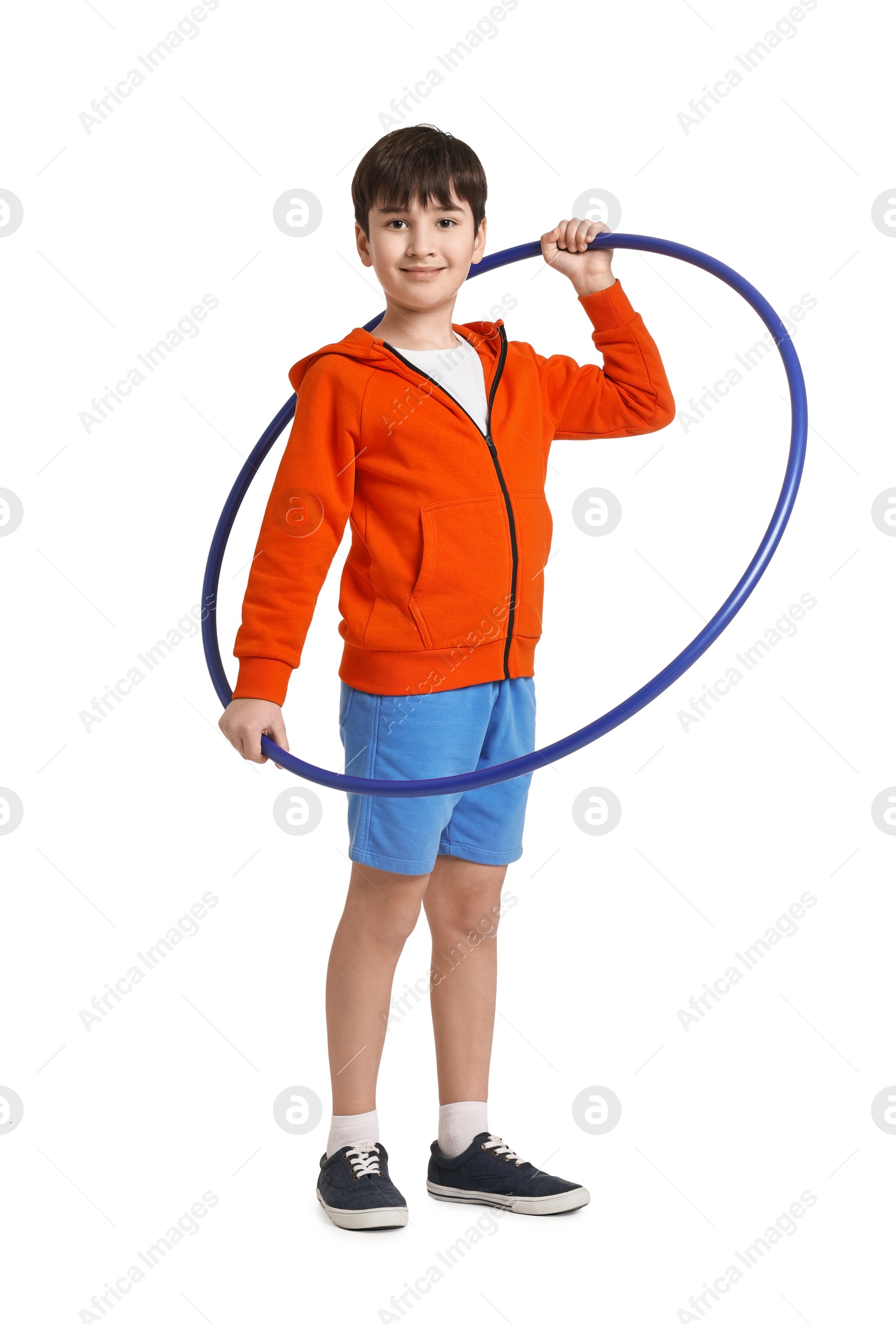 Photo of Boy with hula hoop on white background