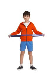 Photo of Boy exercising with hula hoop on white background