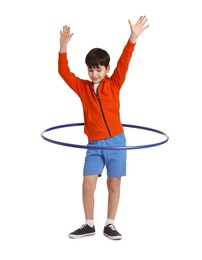 Photo of Boy exercising with hula hoop on white background