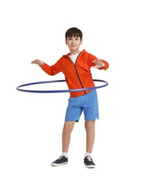 Photo of Boy exercising with hula hoop on white background