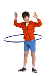 Photo of Boy exercising with hula hoop on white background