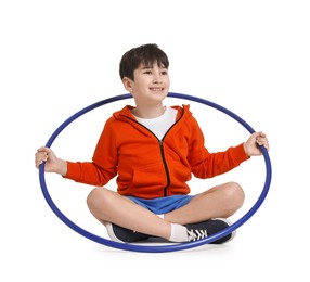 Photo of Smiling boy with hula hoop on white background