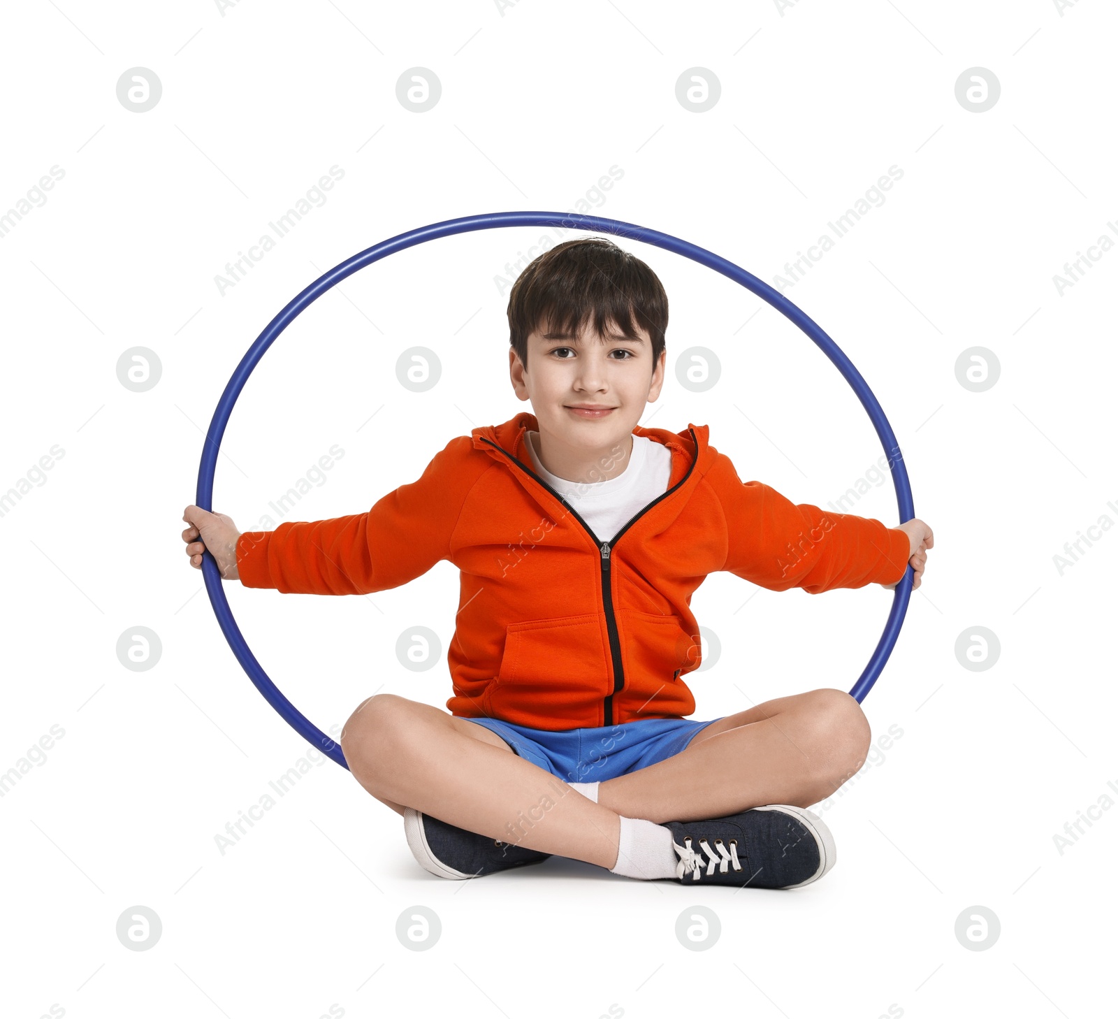 Photo of Boy with hula hoop on white background