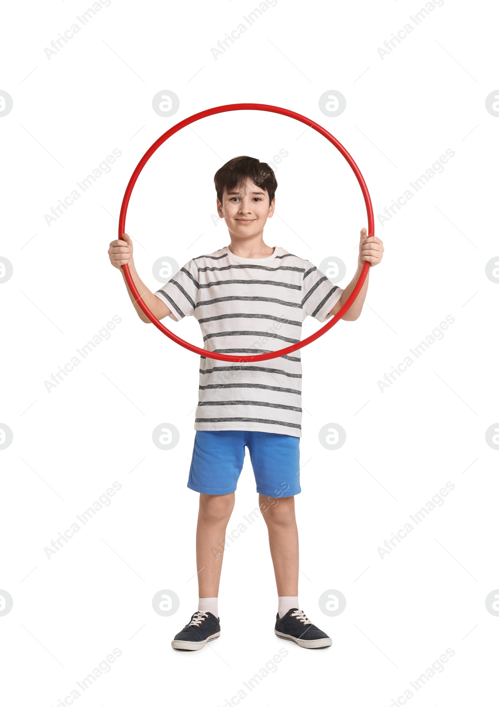 Photo of Boy with hula hoop on white background