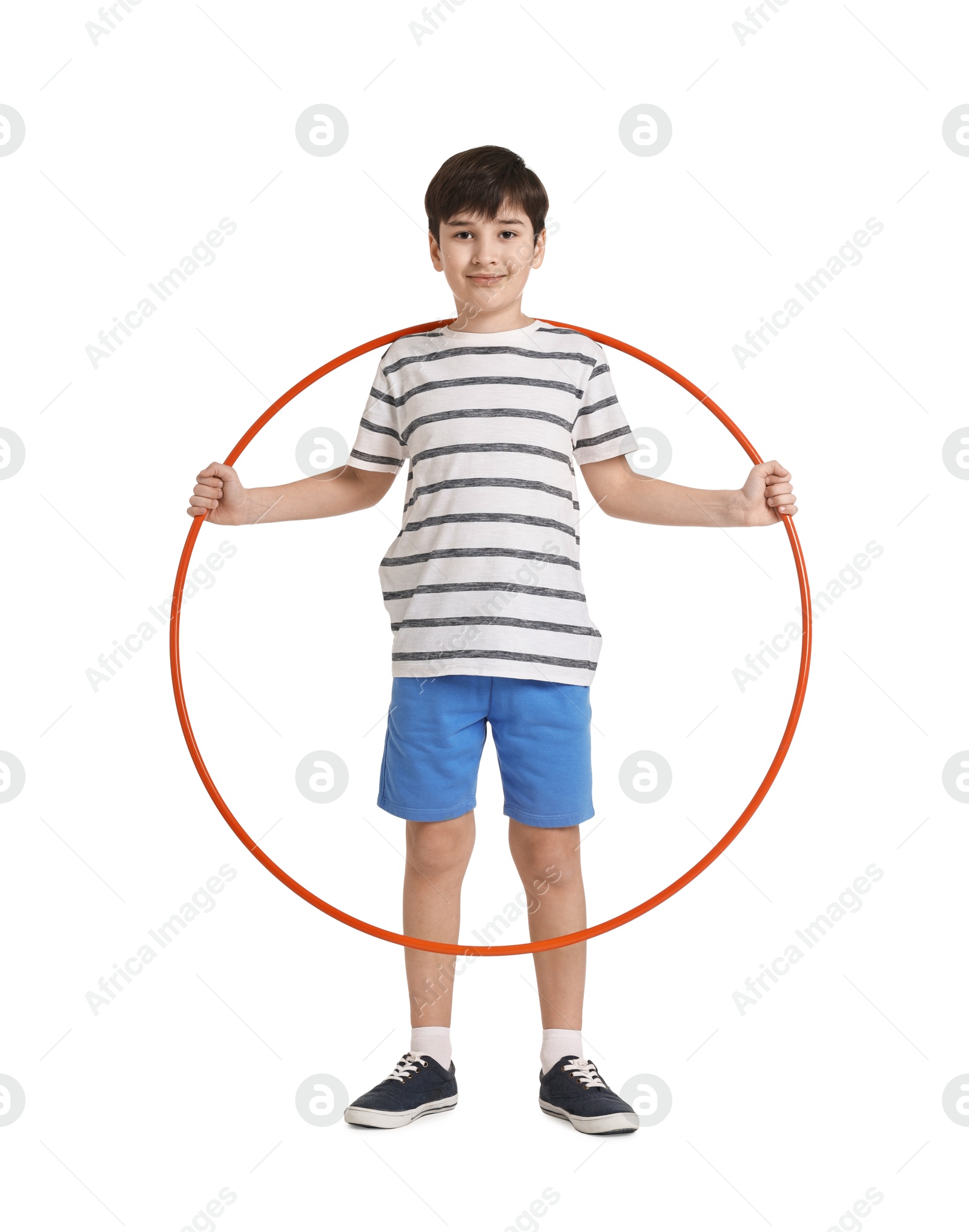 Photo of Boy with hula hoop on white background