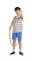 Photo of Boy with hula hoop showing thumbs up on white background