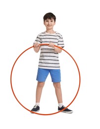 Boy with hula hoop on white background