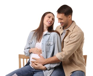 Photo of Pregnant woman and her husband on white background