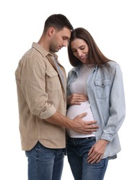 Photo of Pregnant woman and her husband on white background