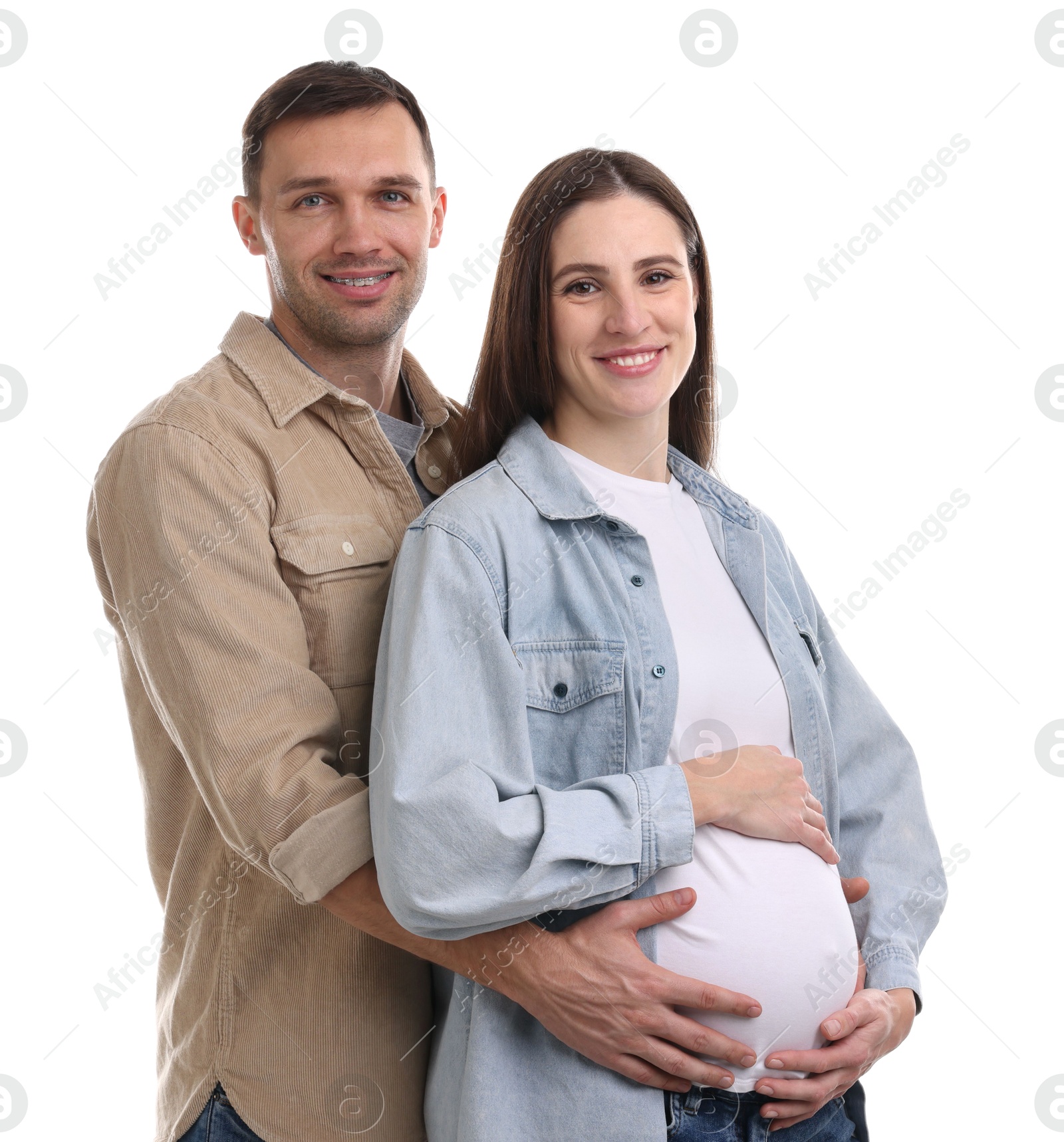 Photo of Pregnant woman and her husband on white background