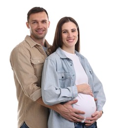 Photo of Pregnant woman and her husband on white background