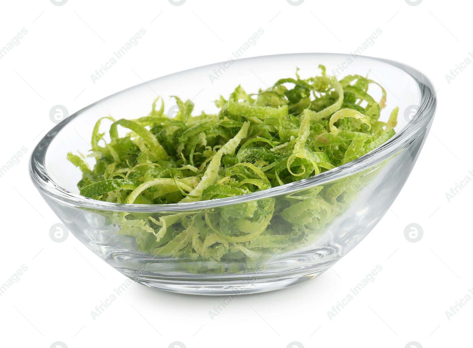 Photo of Fresh lime zest in bowl isolated on white