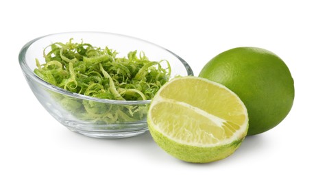 Photo of Lime zest and fresh fruits isolated on white