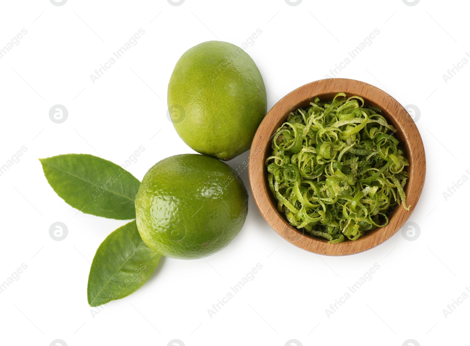 Photo of Lime zest and fresh fruits isolated on white, top view