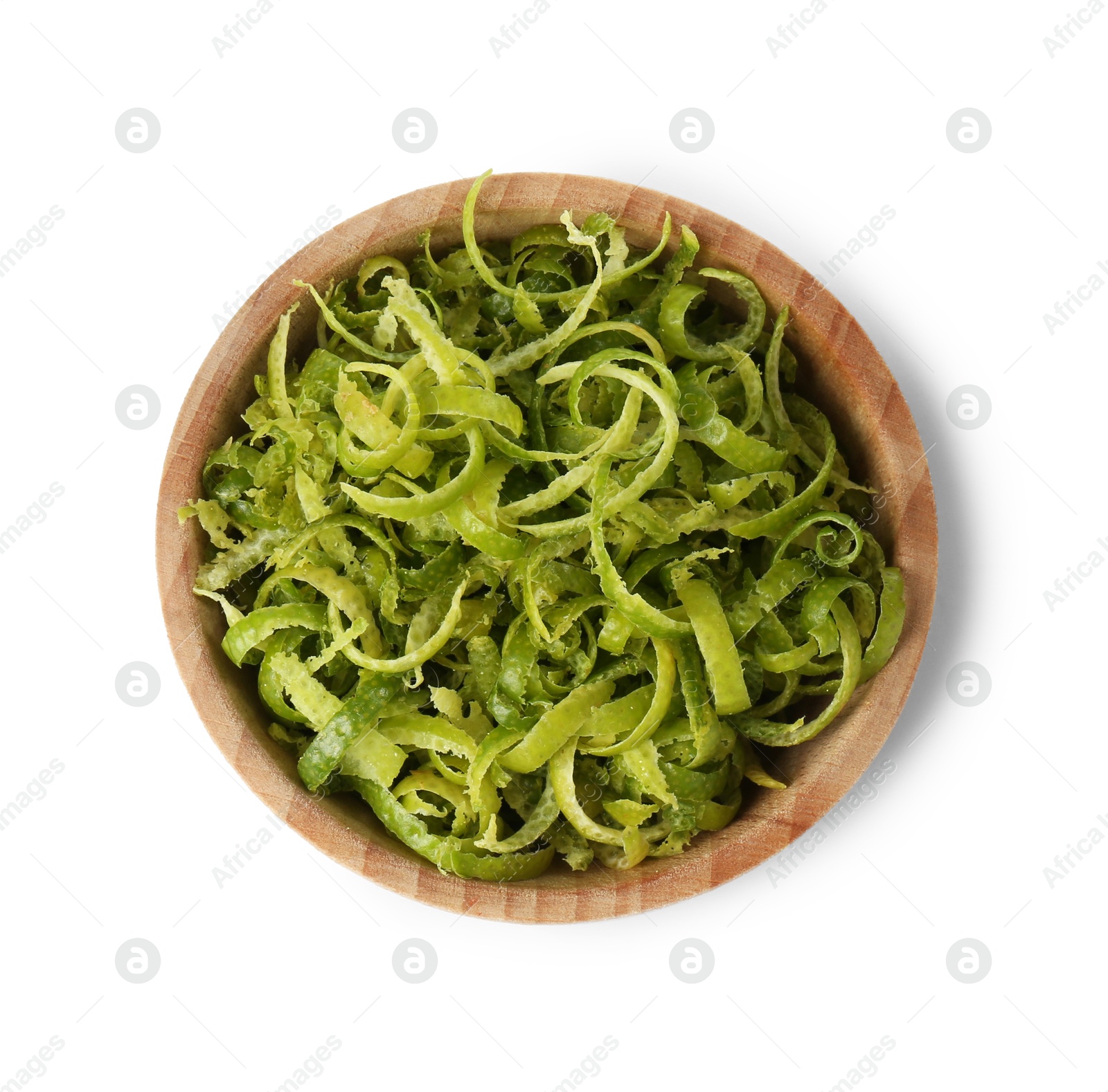 Photo of Fresh lime zest in bowl isolated on white, top view