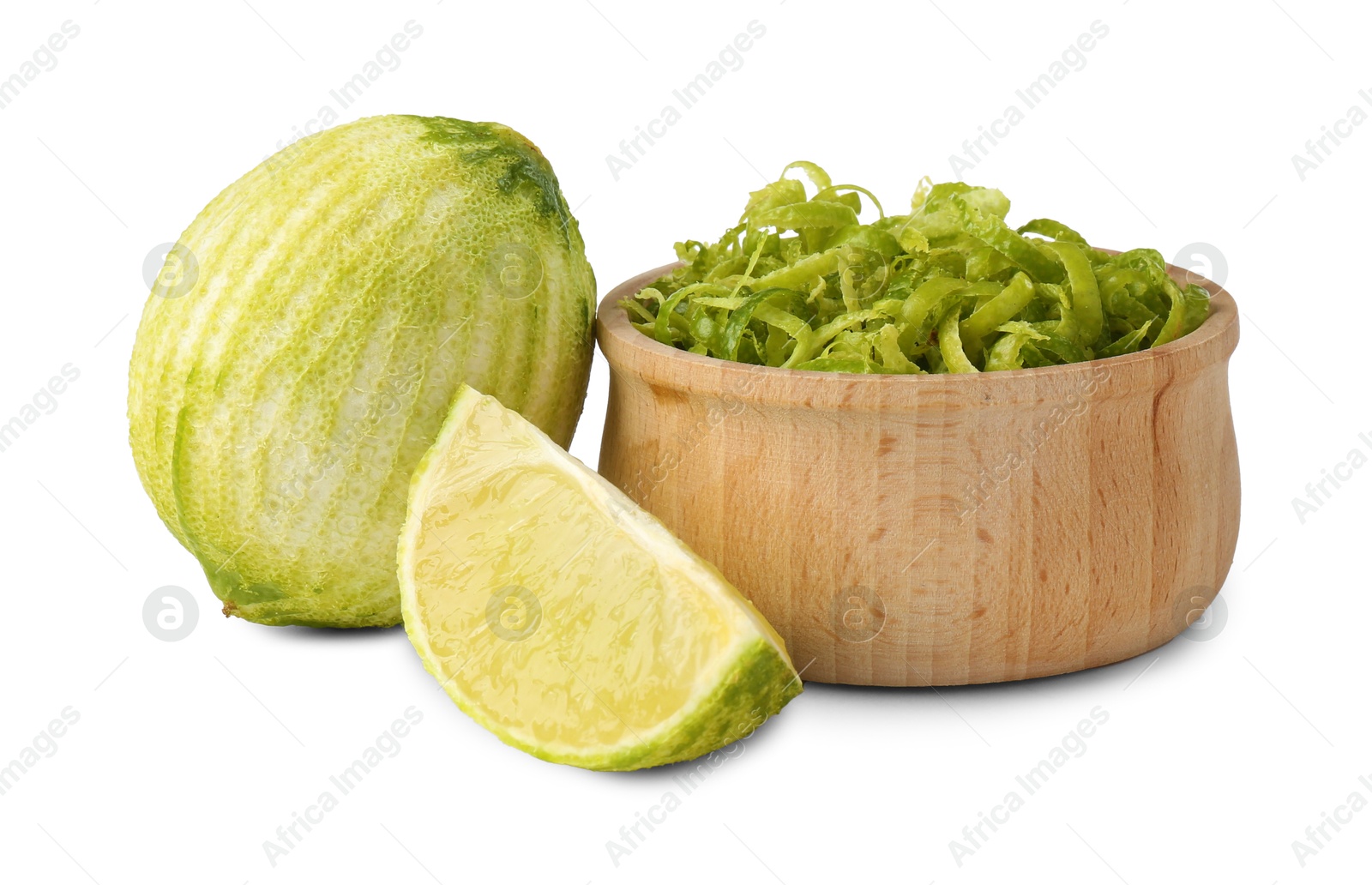 Photo of Lime zest and fresh fruits isolated on white