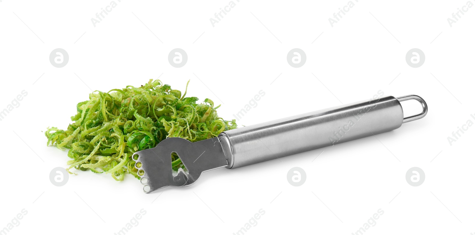 Photo of Lime zest and zester tool isolated on white