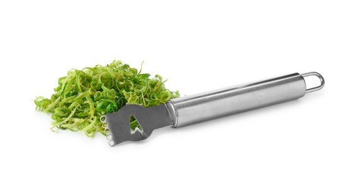 Photo of Lime zest and zester tool isolated on white