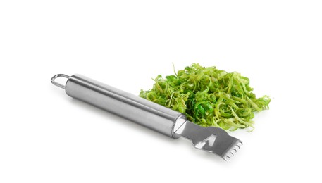 Photo of Lime zest and zester tool isolated on white