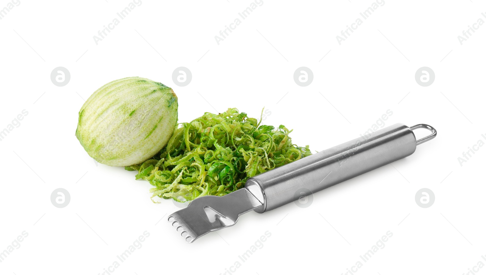 Photo of Lime zest, fresh fruit and zester tool isolated on white