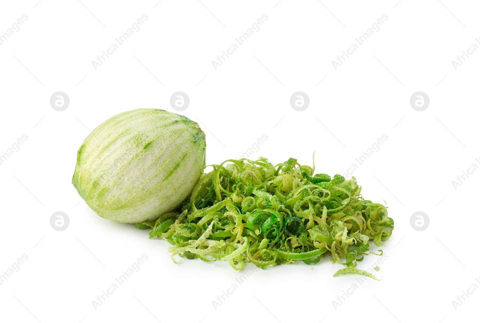 Photo of Lime zest and fresh fruit isolated on white