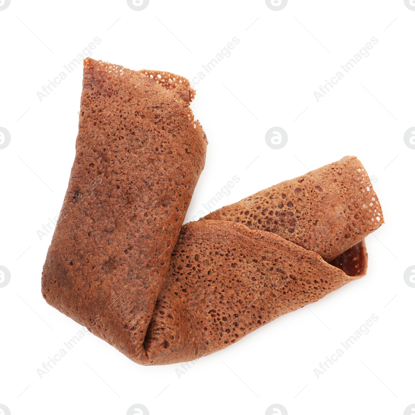 Photo of One delicious chocolate crepe isolated on white, top view