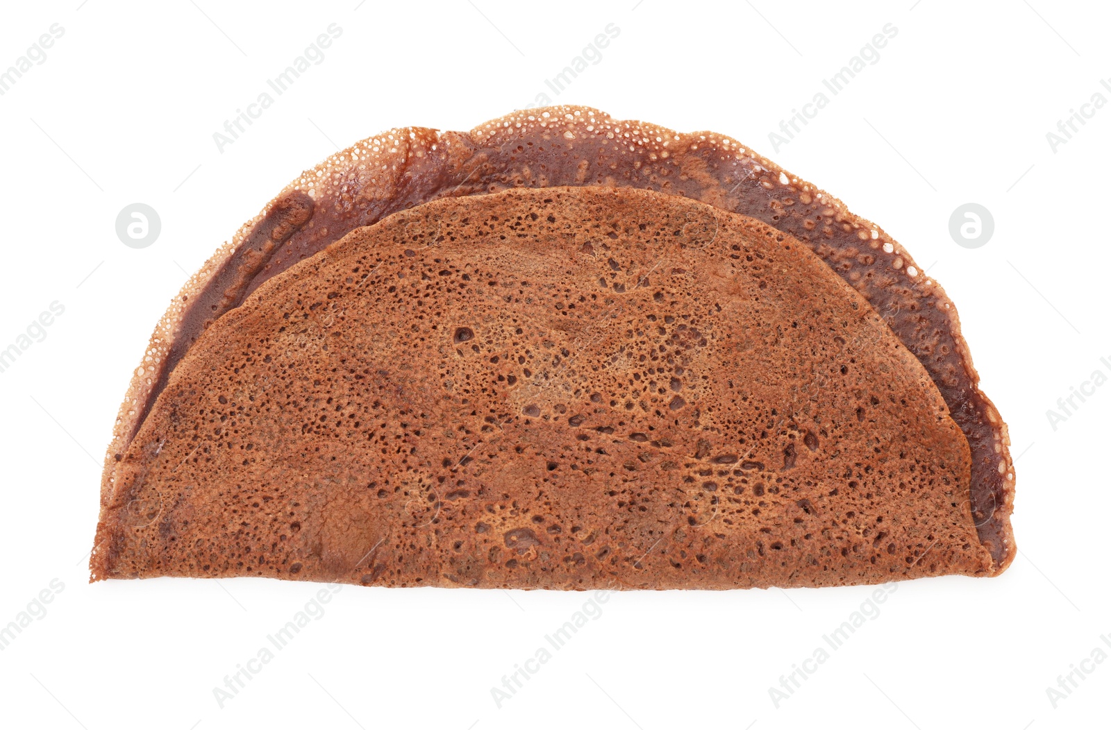 Photo of One delicious chocolate crepe isolated on white, top view