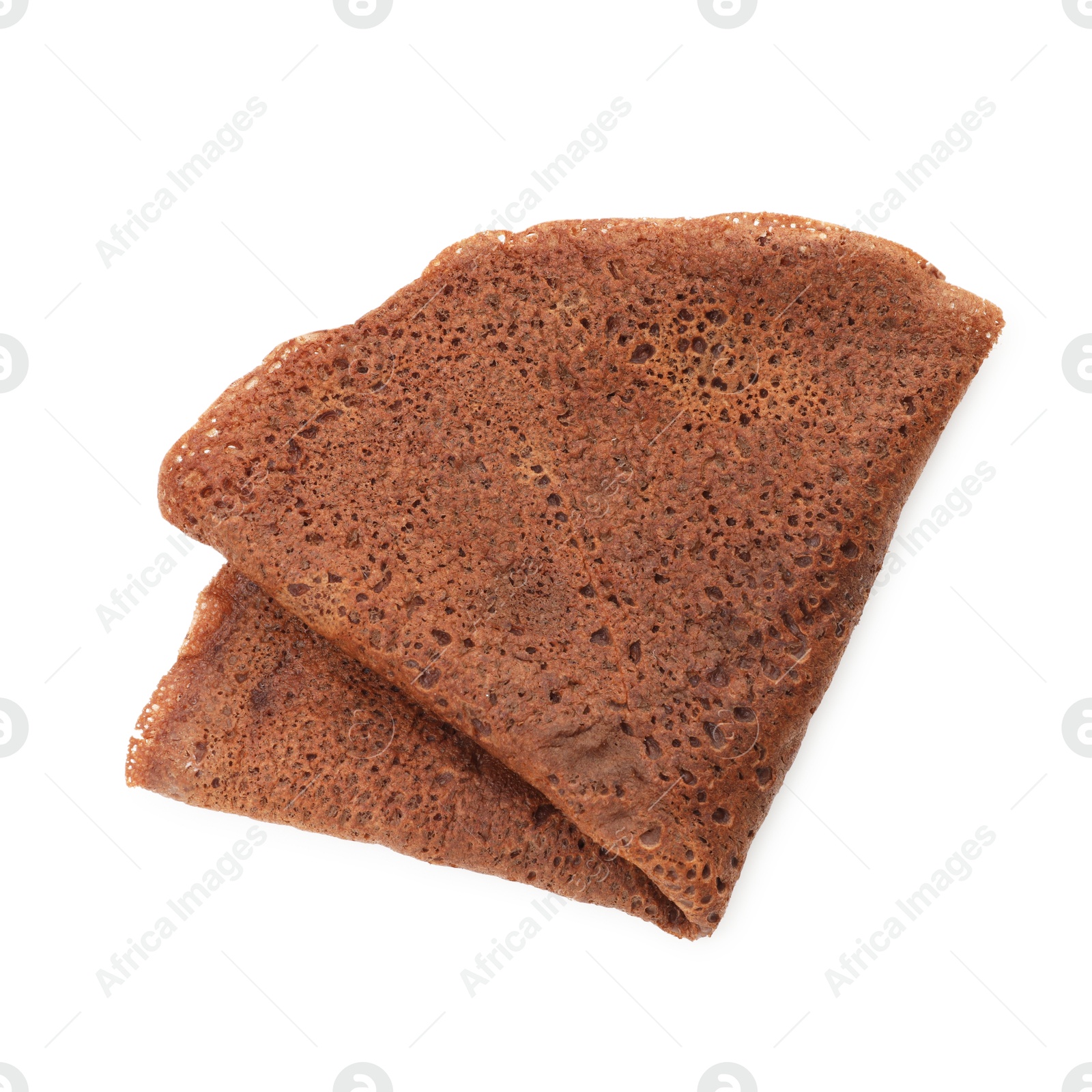 Photo of One delicious chocolate crepe isolated on white, top view