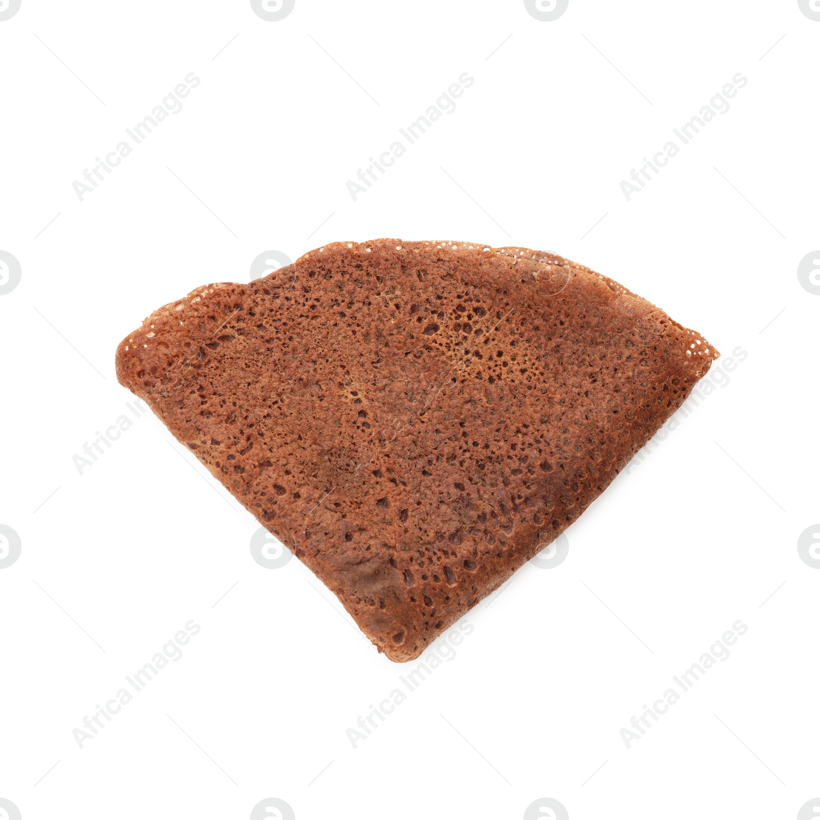 Photo of One delicious chocolate crepe isolated on white, top view