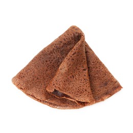 Photo of One delicious chocolate crepe isolated on white, top view