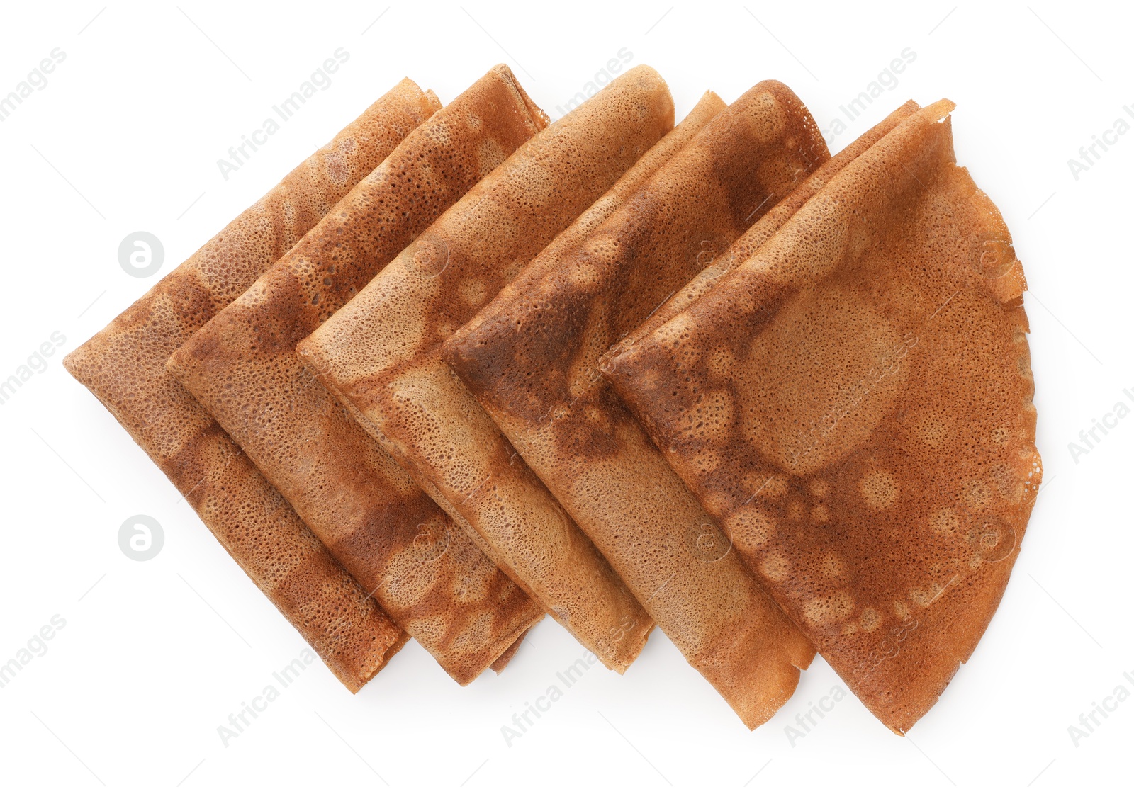 Photo of Delicious chocolate crepes isolated on white, top view