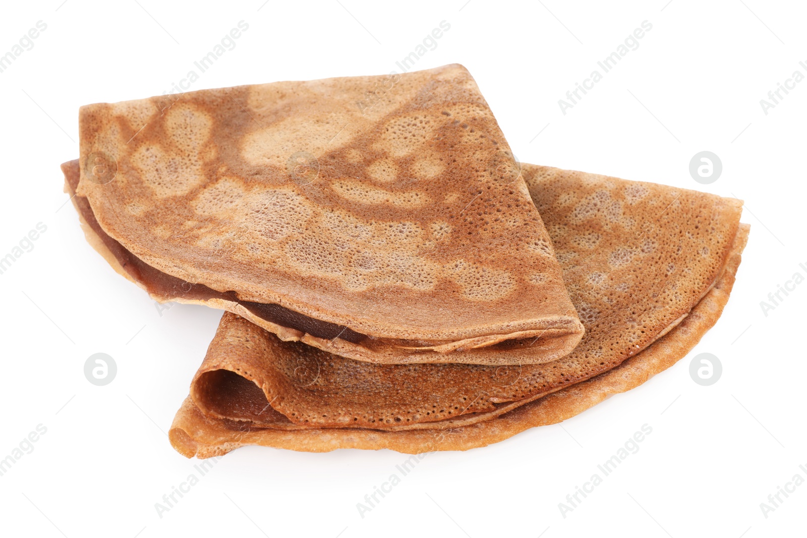 Photo of Folded delicious chocolate crepes isolated on white