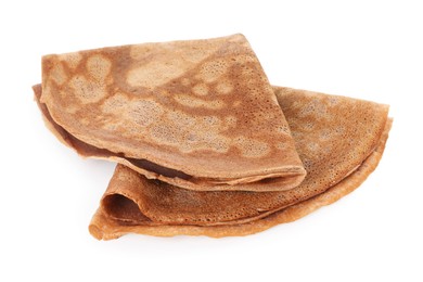 Photo of Folded delicious chocolate crepes isolated on white