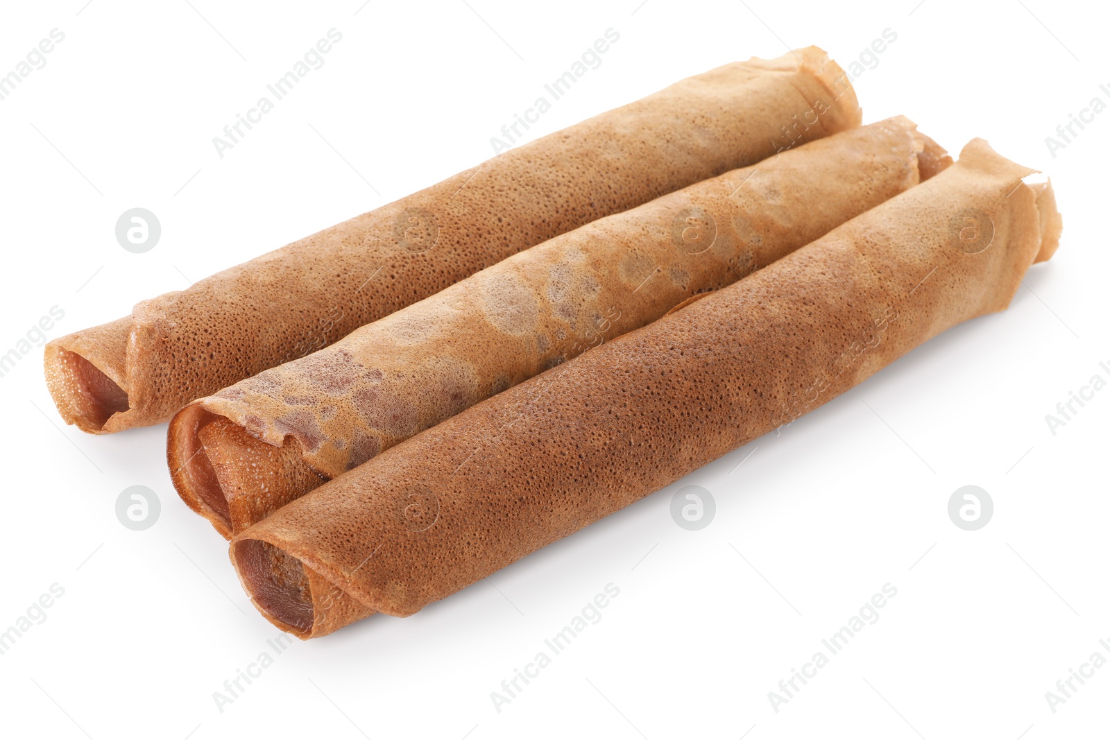 Photo of Rolled delicious chocolate crepes isolated on white