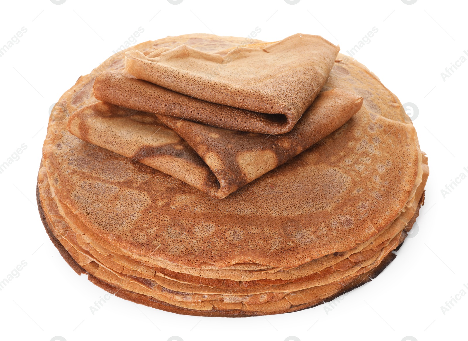 Photo of Stack of delicious chocolate crepes isolated on white