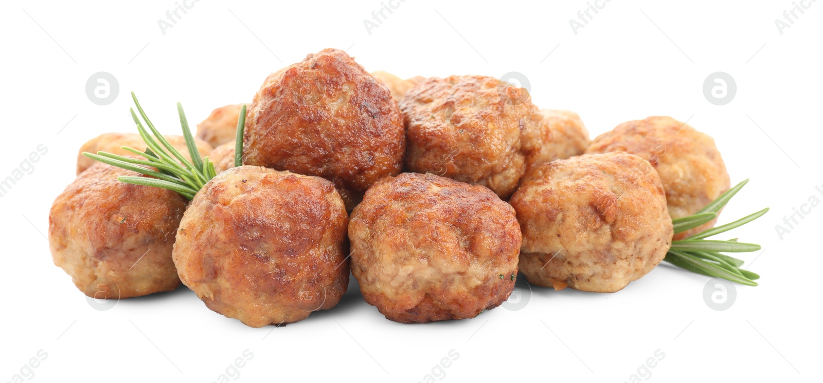 Photo of Pile of delicious meatballs and rosemary isolated on white