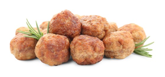 Photo of Pile of delicious meatballs and rosemary isolated on white