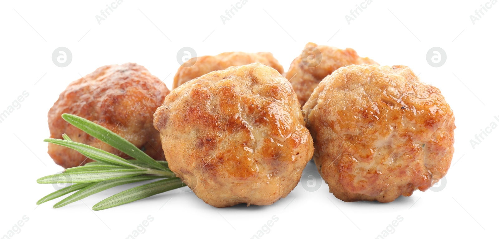 Photo of Delicious meatballs and rosemary isolated on white