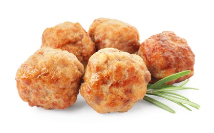 Photo of Delicious meatballs and rosemary isolated on white