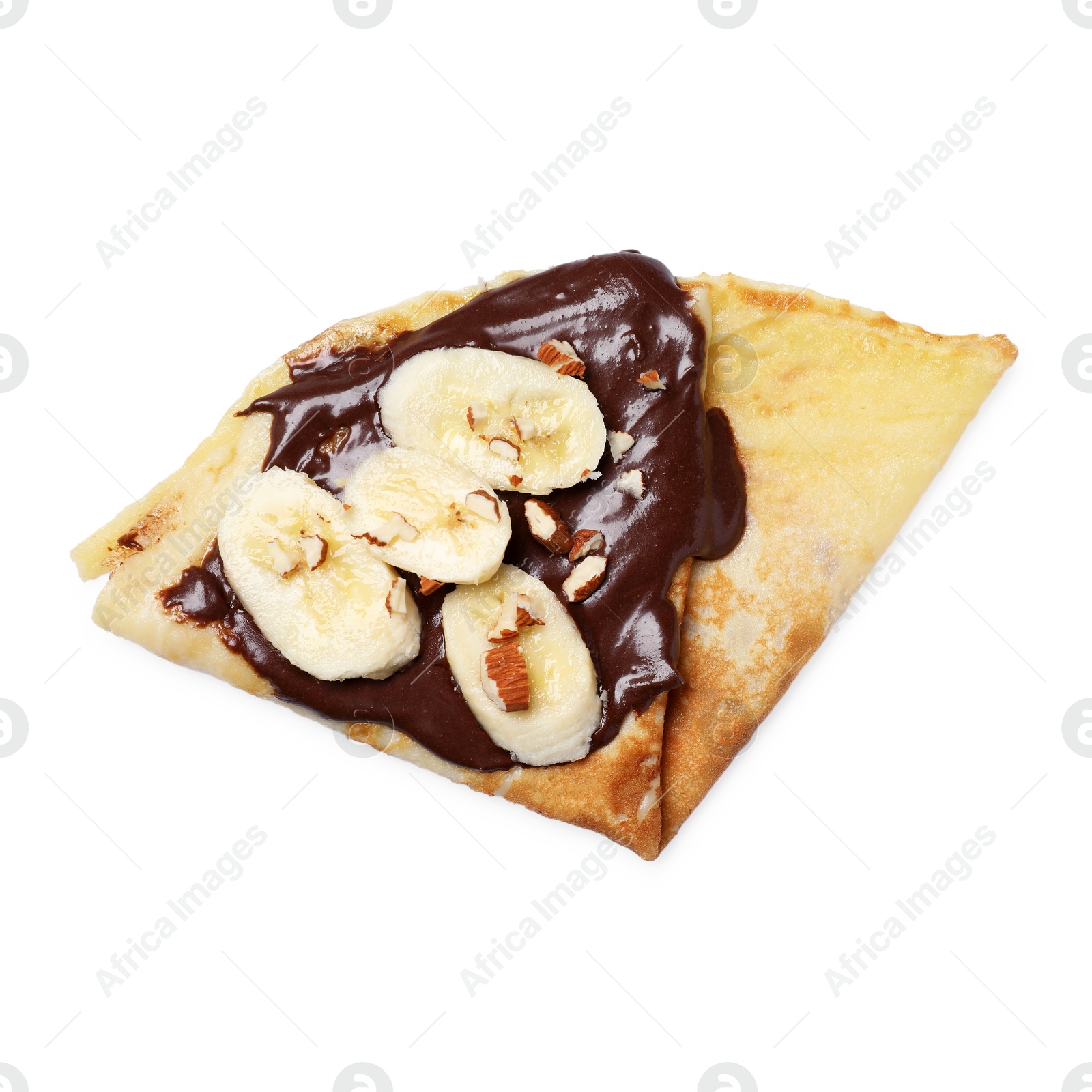 Photo of Delicious crepe with chocolate sauce, banana and almonds isolated on white, top view