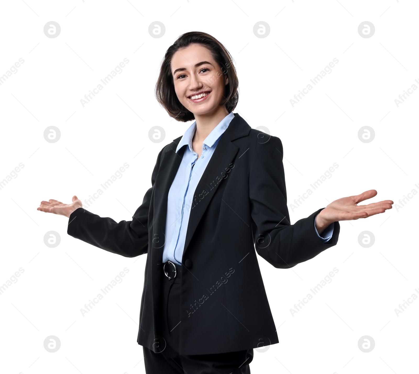 Photo of Happy businesswoman welcoming clients or partners on white background