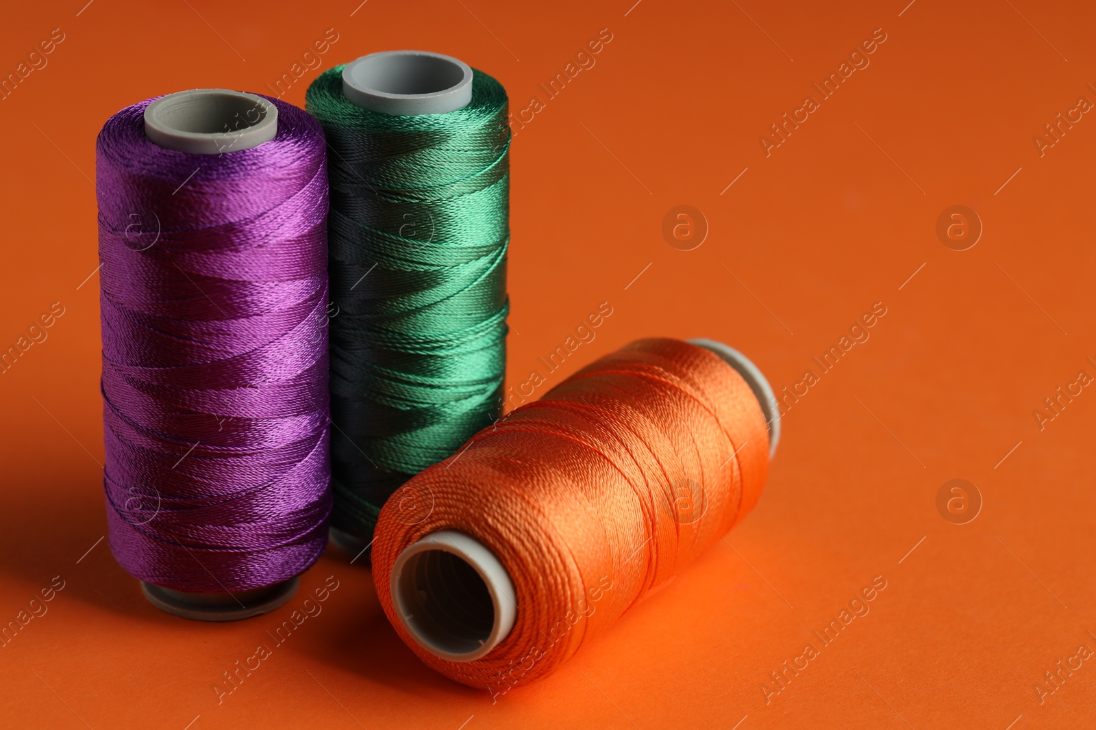 Photo of Different spools of sewing threads on orange background, closeup. Space for text