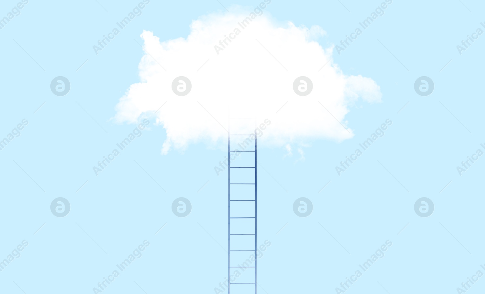 Image of Ladder leading to cloud on light blue background