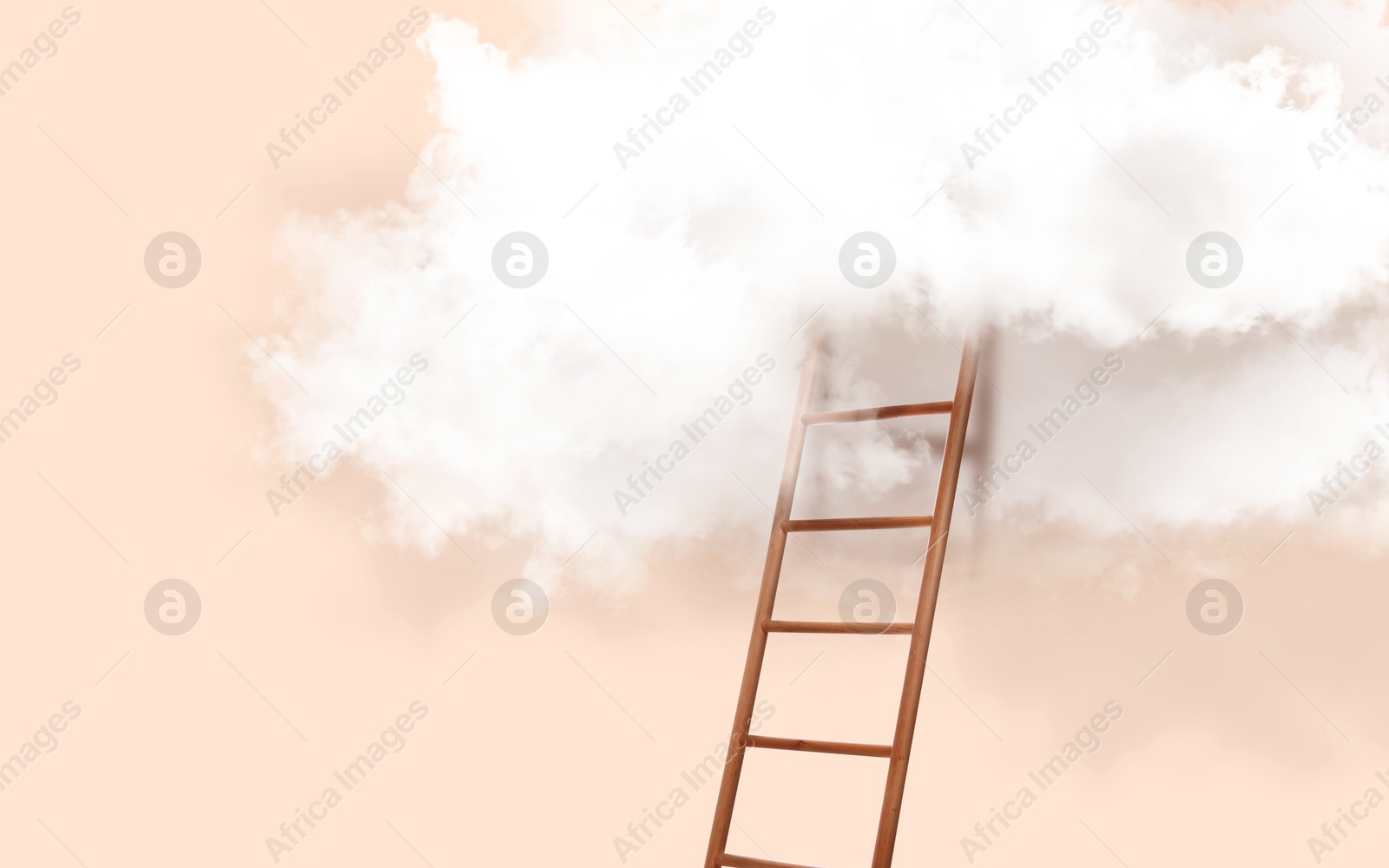 Image of Ladder leading to cloud on beige background