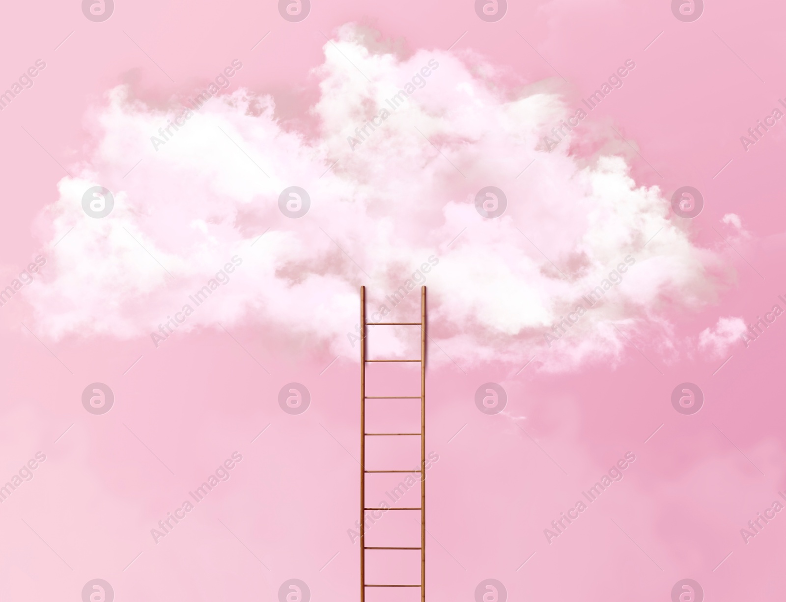 Image of Ladder leading to cloud on pink background