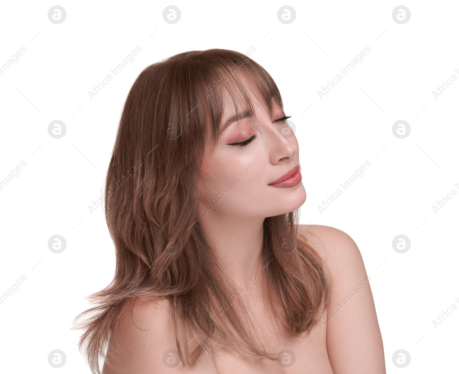 Image of Attractive woman with beautiful hair in mocha mousse shade on white background. Trendy color of 2025 year