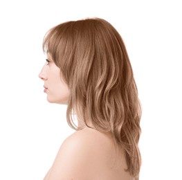 Image of Attractive woman with beautiful hair in mocha mousse shade on white background. Trendy color of 2025 year