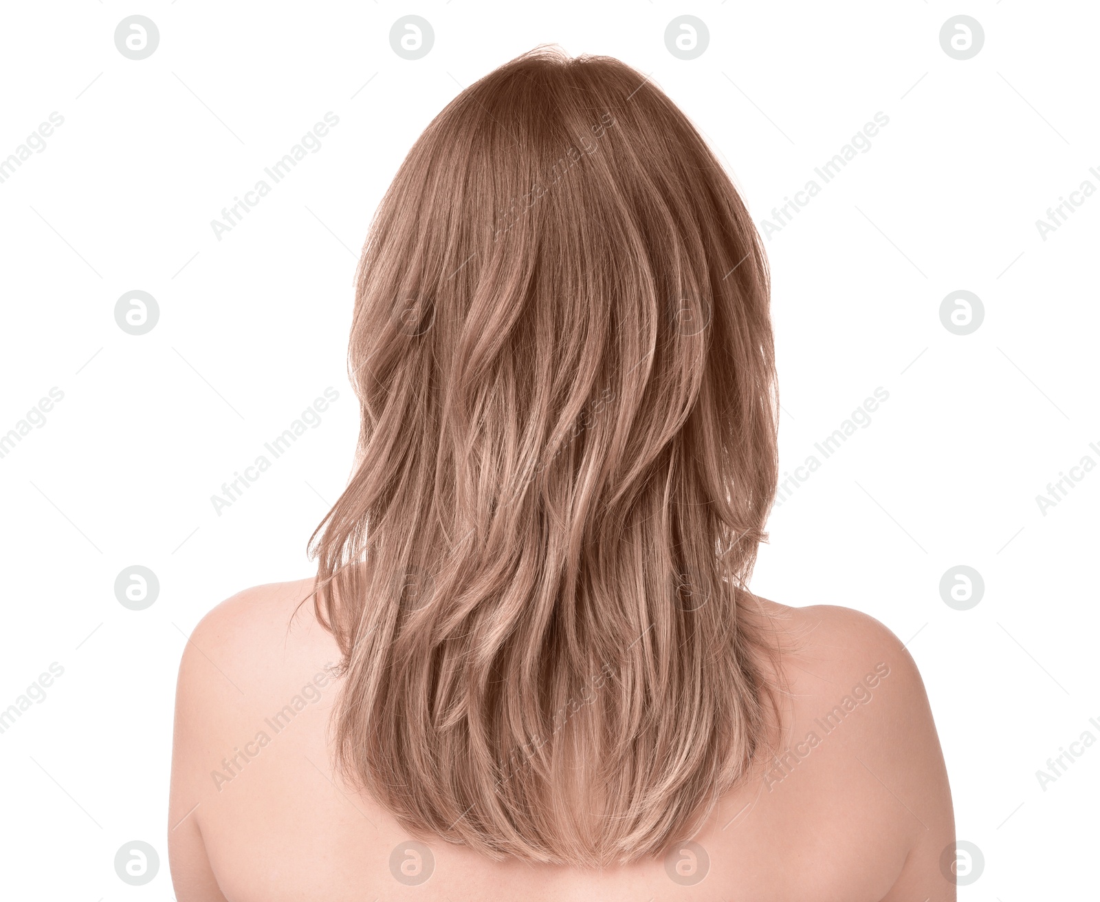 Image of Woman with beautiful hair in mocha mousse shade on white background. Trendy color of 2025 year